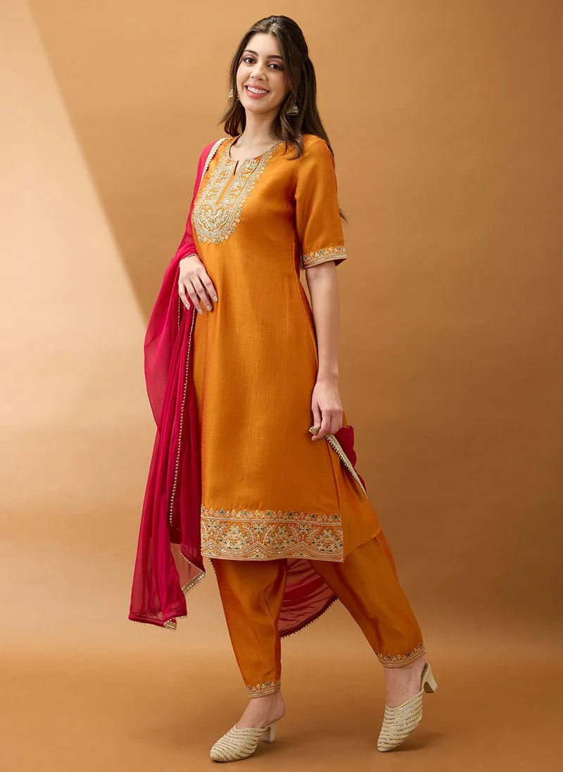 globus Yellow Globus Women Yellow Sequinned Zari Embroidered Yoke A-Line Kurta With Pant & Contrast Dupatta Festive Set for Women | Best Price UAE